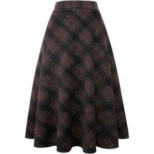 Womens Coffee 2005 Elastic Waist A-Line Pleated Tartan Long Plaid Wool Skirts